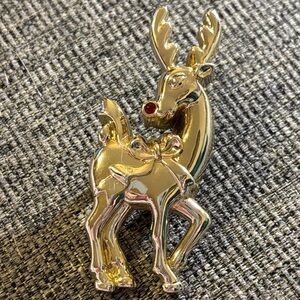 Vintage Gold Reindeer Brooch with Red Nose